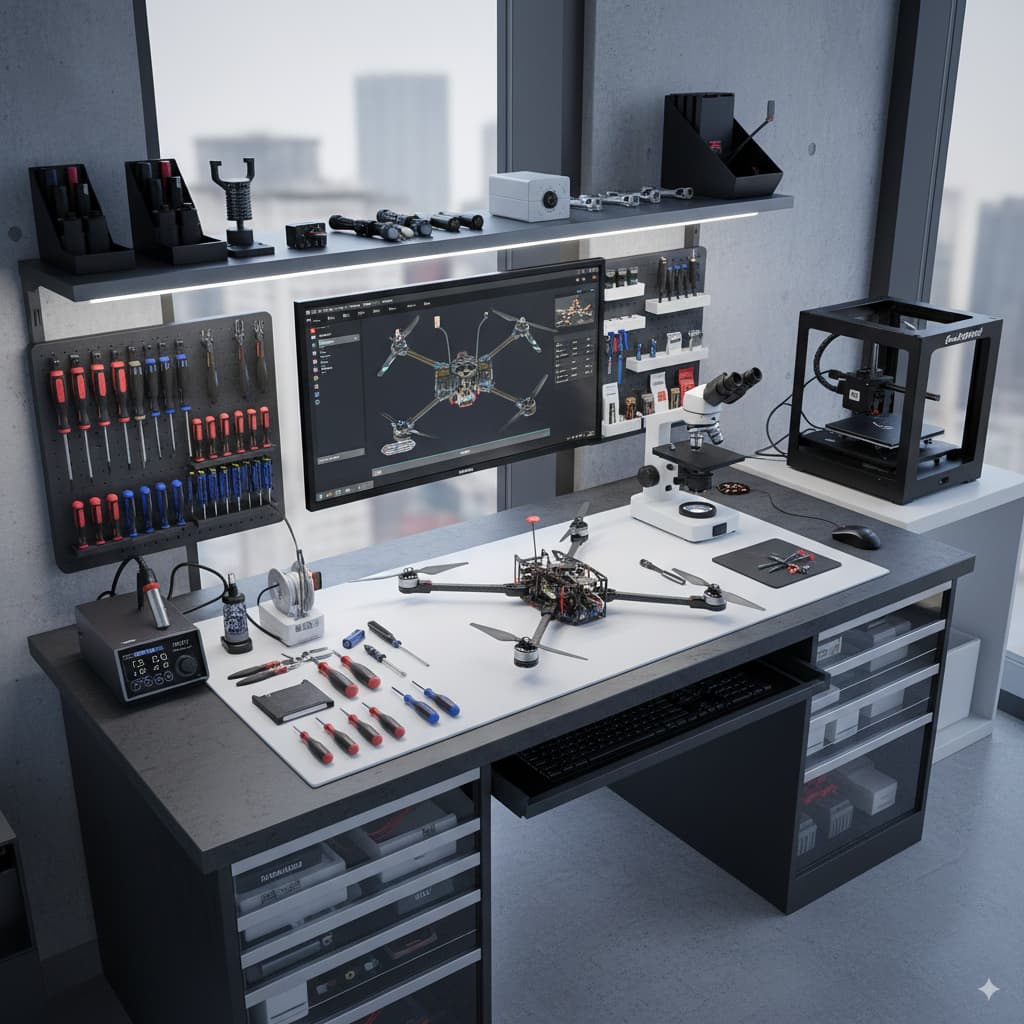 Close-up of a drone's circuit board being repaired.
